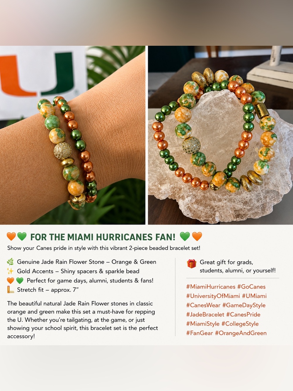 Jade Rain Flower Bracelet Set | Orange & Green | Gold Accents. Go Canes!